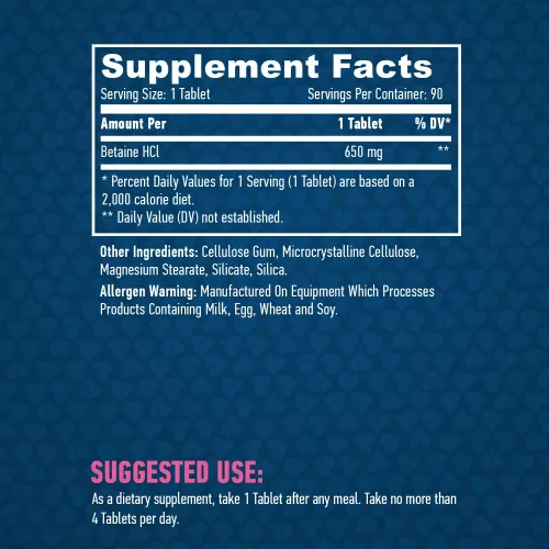 Haya Labs – Betain HCL 650mg / 90 Tabs.
