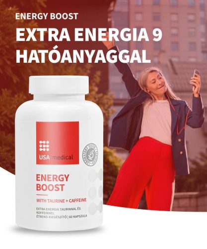 USA Medical ENERGY BOOST koffeinnel és taurinnal  – 60 kapszula